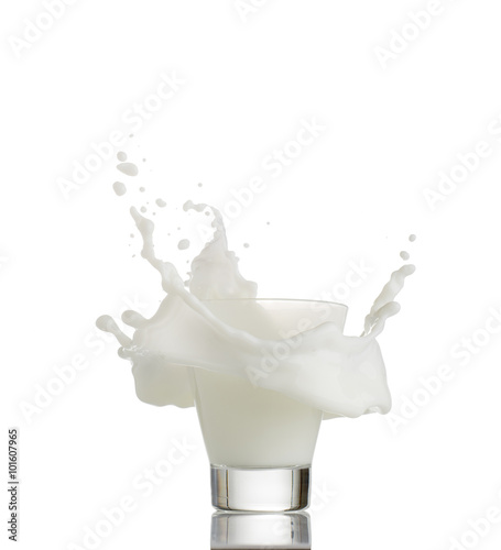 glass of splashing milk isolated on white background