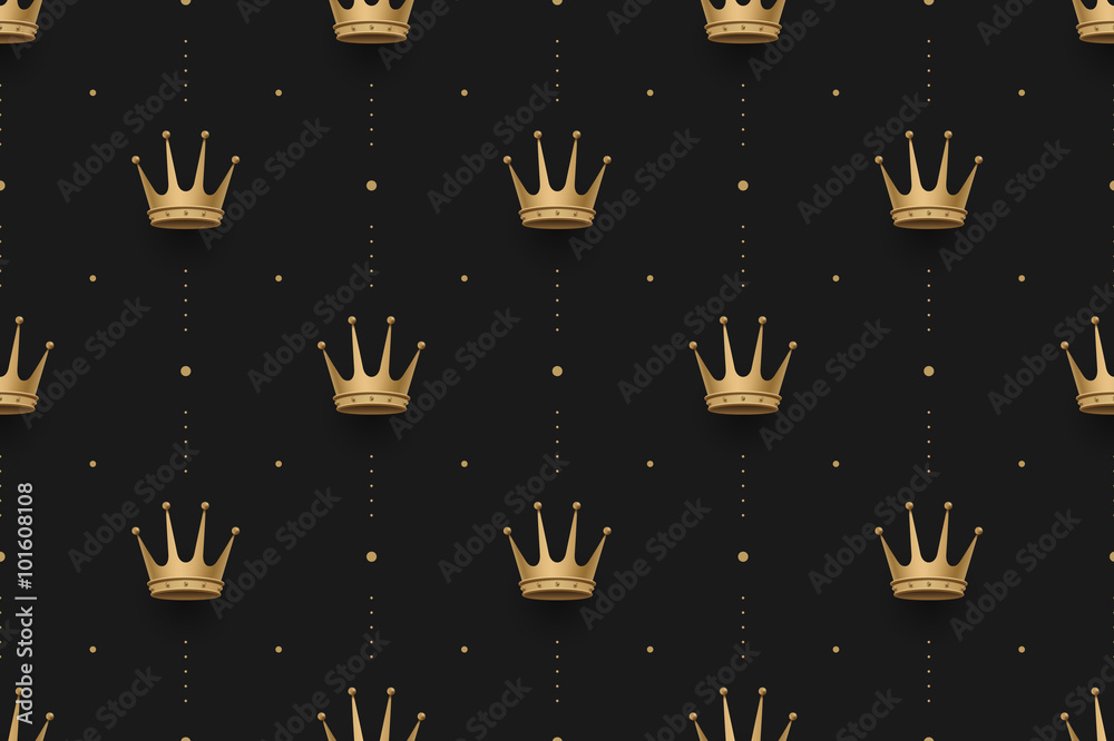 Fotografie Seamless gold pattern with king crowns on a dark black background