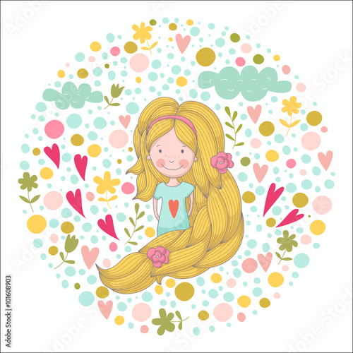 Cute cartoon smiling girl with very long hair on floral backgrou