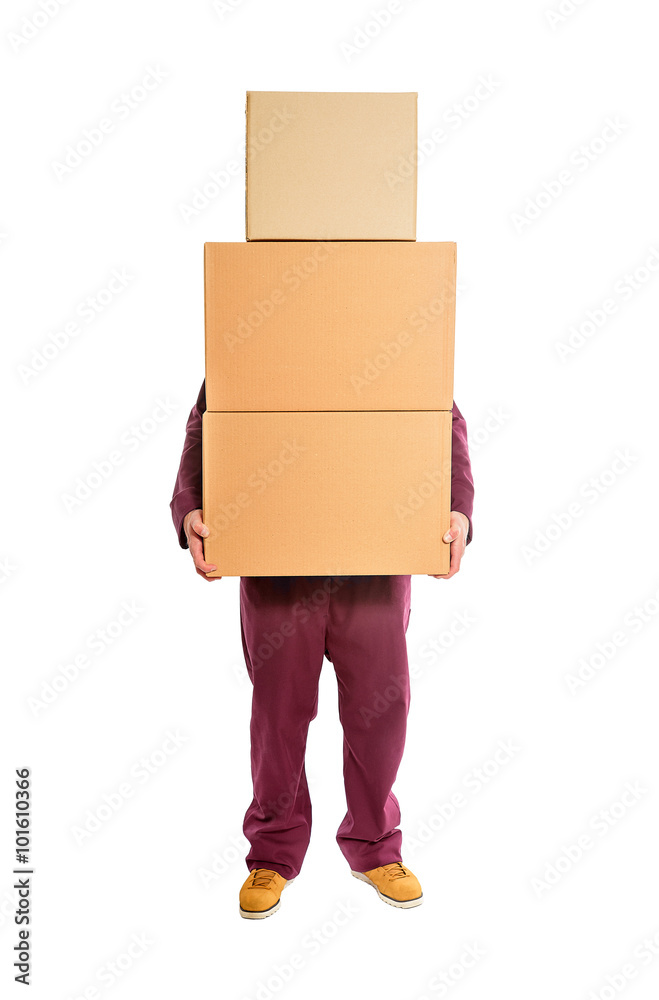 Man with stacked boxes. Man with stacked boxes.