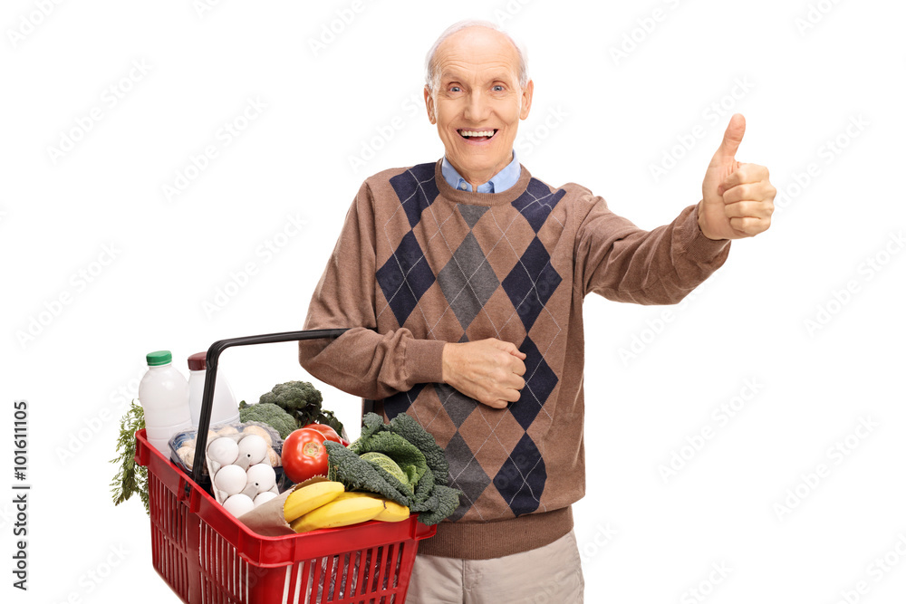 Senior holding a basket and giving thumb up Senior holding a basket and giving thumb up