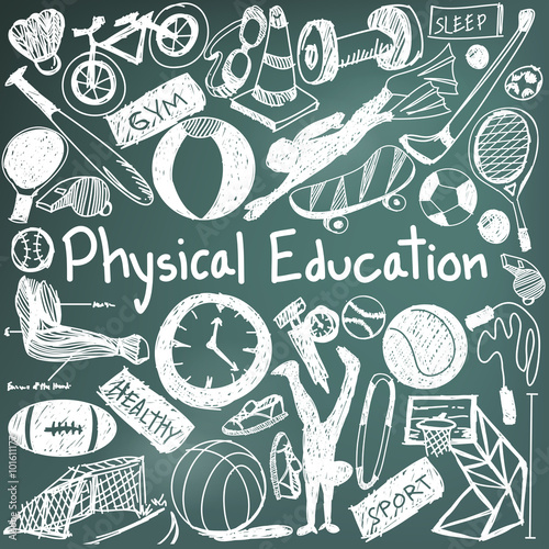 Physical education exercise gym education doodle icon of sport tool sign and symbol in blackboard background used for presentation title with header text, create by vector