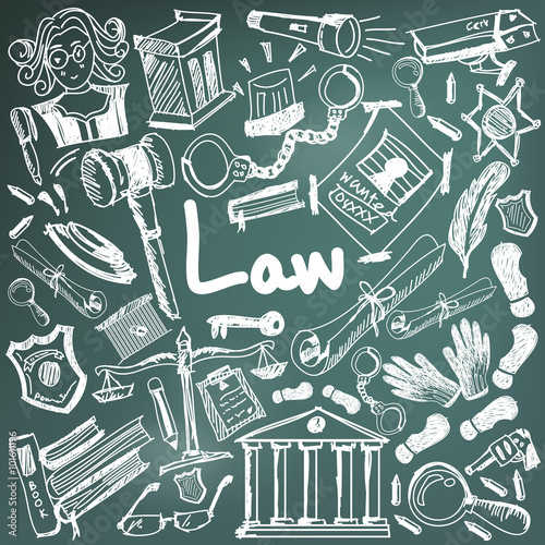 Law and judgment education doodle icon justice sign and symbol in blackboard background paper used for presentation title with header text, create by vector 