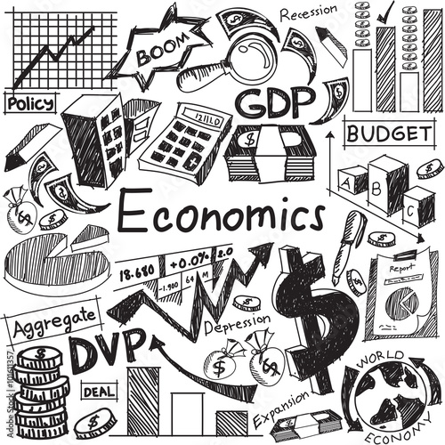 Economics financial education doodle icon banknote money currency investment profit graph cost analysis sign and symbol background paper used for presentation title (vector) 
