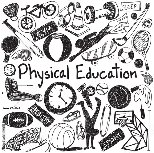 Physical education exercise gym doodle icon of sport tool sign and symbol in white isolated background paper used for presentation title with header text (vector) 