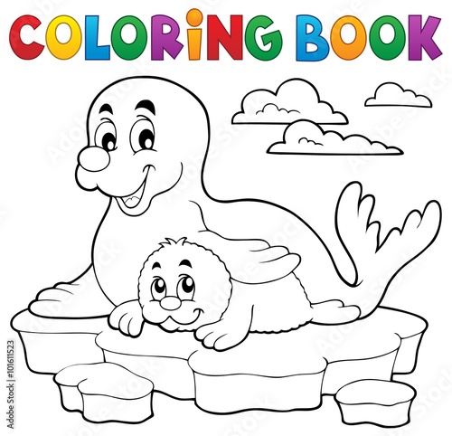 Coloring book happy seal with pup