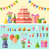 Flat happy Birthday festive background with confetti icons set. Party and celebration design elements: balloons, confetti, cake, drinks, gifts concept