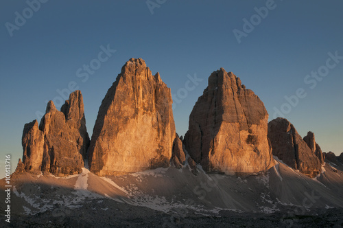 sunset on the three peaks of the Lavaredo Dolomite