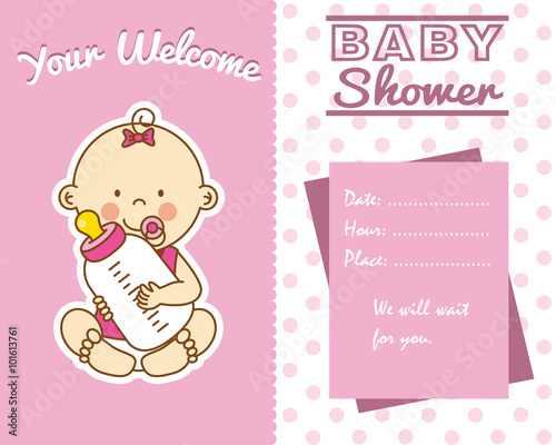 baby shower card. baby girl with baby bottle