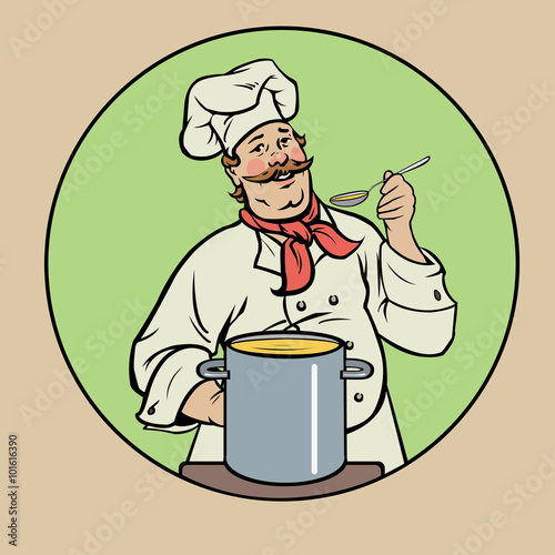 smiling pretty chef offers a delicious soup