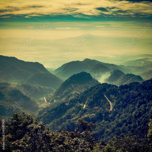 View mountain and mist vintage for natural background
