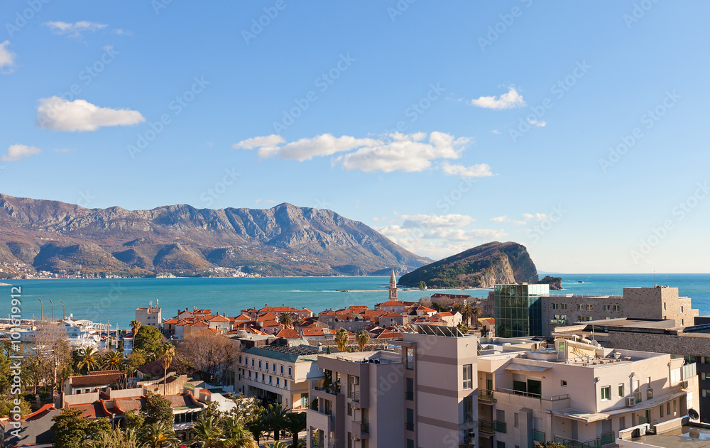 View of bay and Old Town of Budva, Montenegro