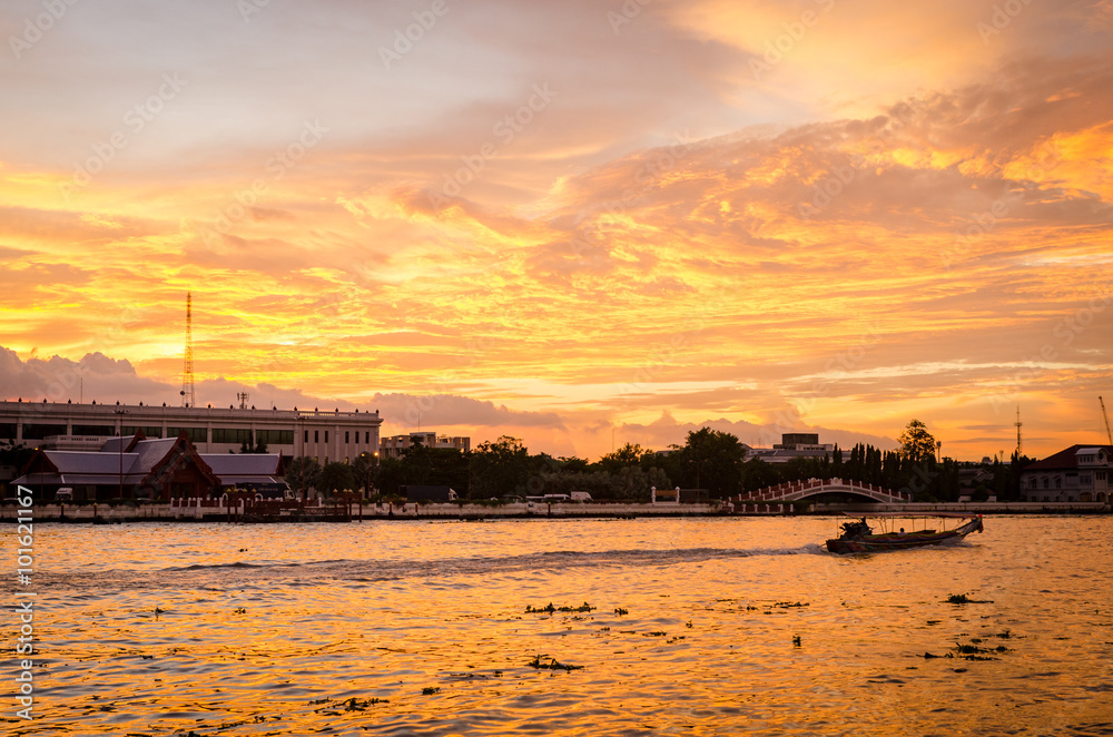 Bangkok, beautiful dramatic sunset on river Chao Phraya