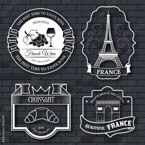 Country France set label template of emblem element for your product or design, web and mobile applications with text. Vector illustration with thin lines isolated icons on stamp symbol.