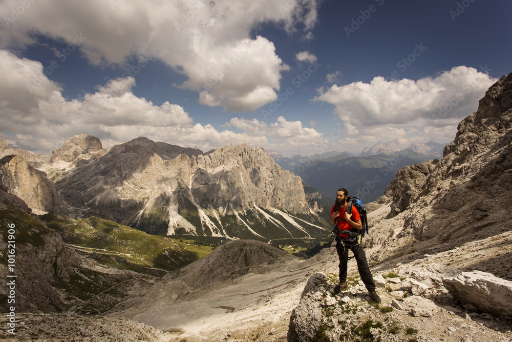 Man on treeking in Dolomites Mountain, Italy