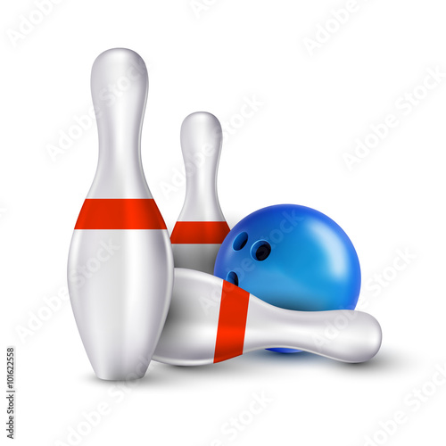 Ball and pins of bowling. Vector realistic skittles with ball is