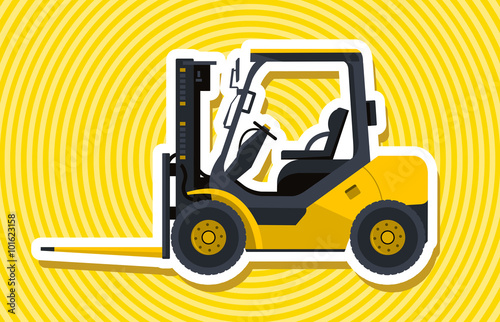 Yellow fork lift loader with outline. Loading of material. Professional illustration for internet banner poster or icon. Flatten master vector Truck Digger Crane Small Bagger Mix Roller Excavator