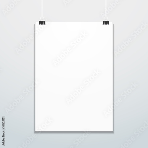 vertical poster suspended on office clips mockup.