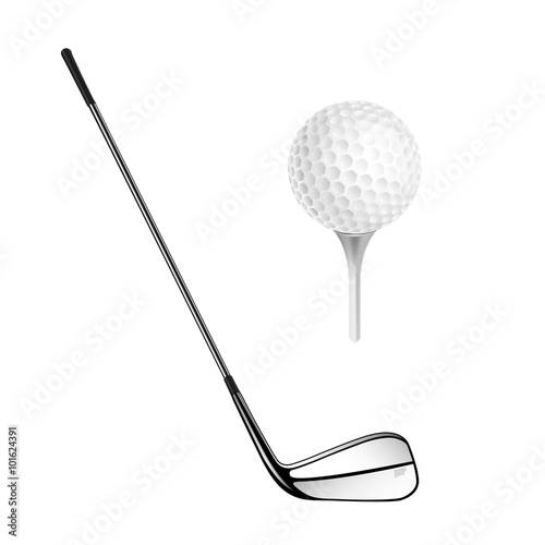 Golf ball and golf stick isolated on the white.