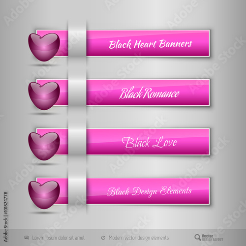 Black  tabs with  glossy heart. Modern vector design elements. photo