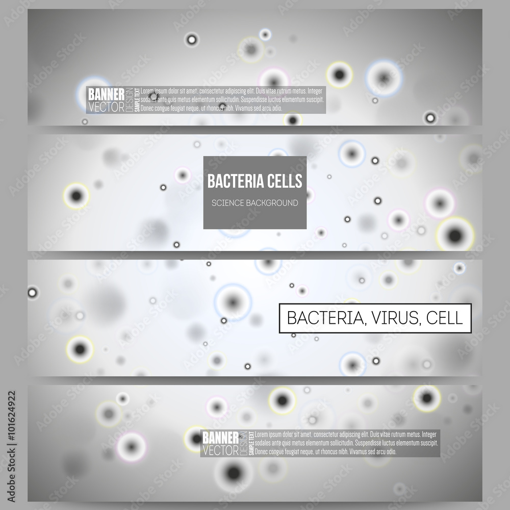 Set of modern banners. Molecular research, cells in gray, science vector background Set of modern banners. Molecular research, cells in gray, science vector background