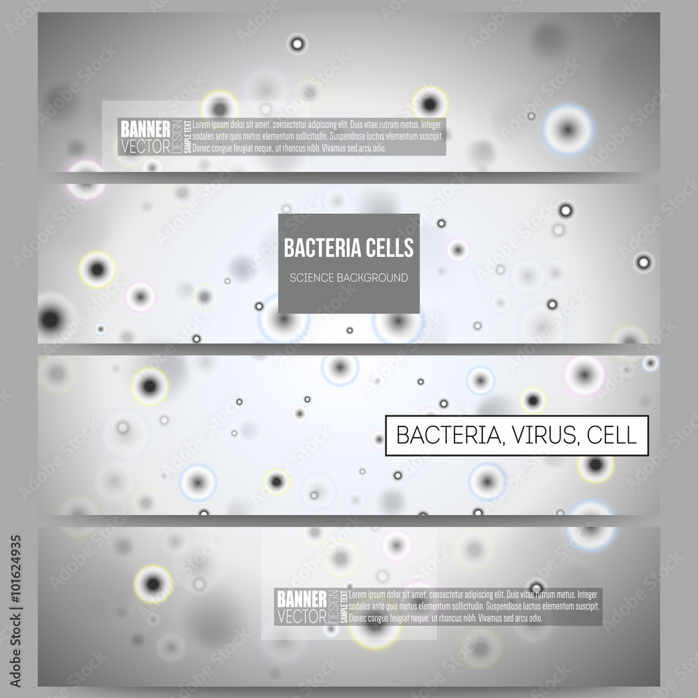 Set of modern banners. Molecular research, cells in gray, science vector background Set of modern banners. Molecular research, cells in gray, science vector background