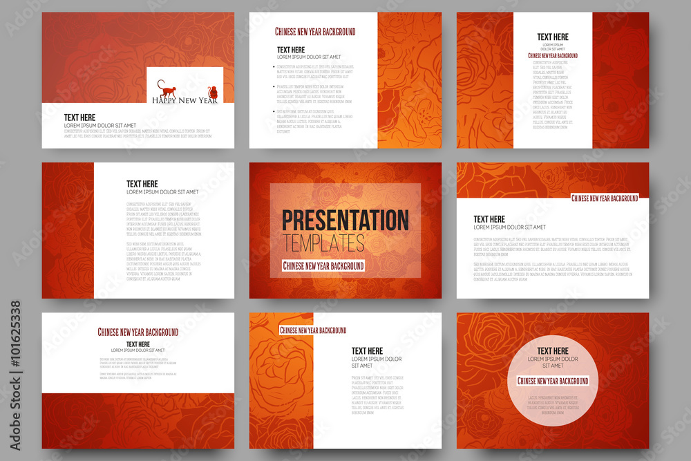 Set of 9 templates for presentation slides. Chinese new year background. Floral design with red monkeys, vector illustration