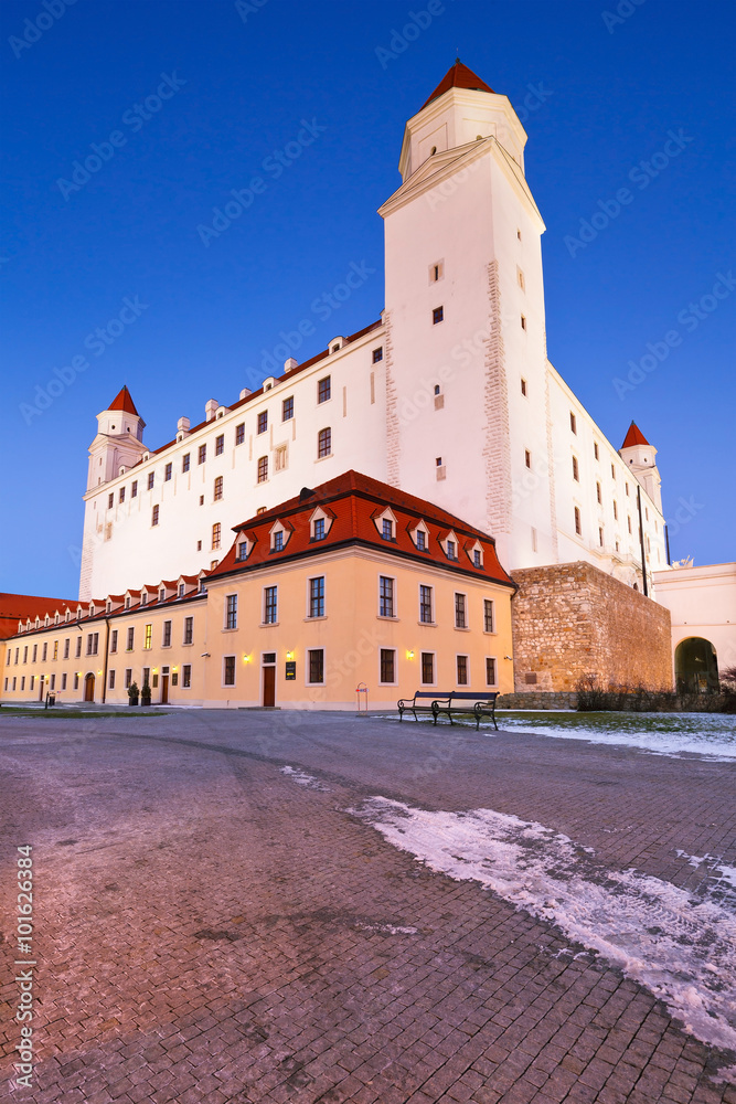 Fototapeta premium Bratislava castle on a winter evening, Slovakia.