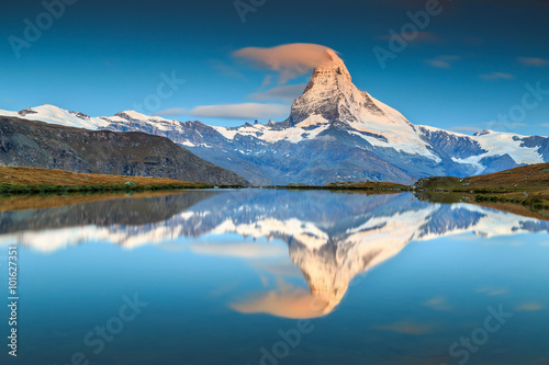 Magical sunrise with Matterhorn peak and Stellisee lake,Valais,Switzerland