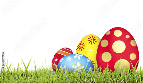 easter eggs in fresh green grass with white background
