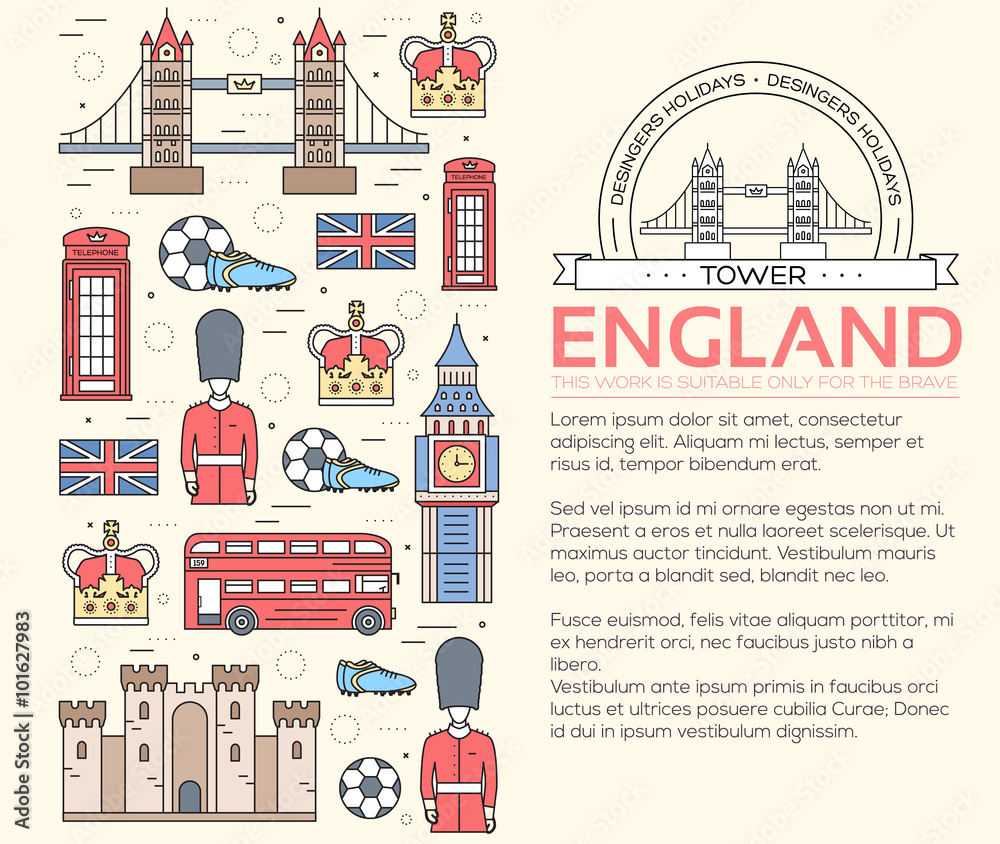 Country England travel vacation guide of goods, places in thin lines style design. Set of architecture, people, sport, icons background concept. Infographics template for web and mobile on vector flat
