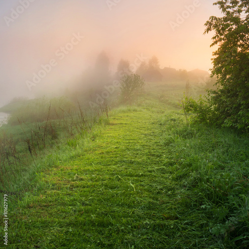 sloping track in a thick fog. dawn