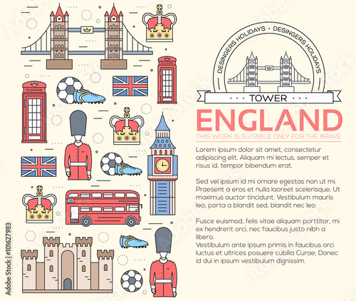 Country England travel vacation guide of goods, places in thin lines style design. Set of architecture, people, sport, icons background concept. Infographics template for web and mobile on vector flat