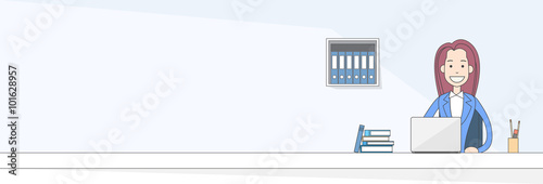 Business Woman Sitting at Desk in Office Working Laptop Computer  Banner 
