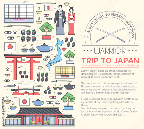 Country Japan travel vacation guide of goods, places and features. Set of architecture, fashion, people, items, nature background concept. Infographic template design for web and mobile on thin lines photo