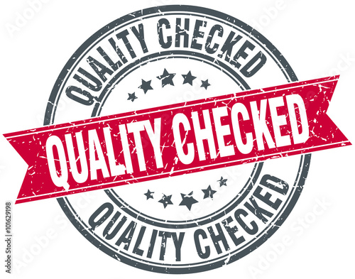 quality checked red round grunge vintage ribbon stamp