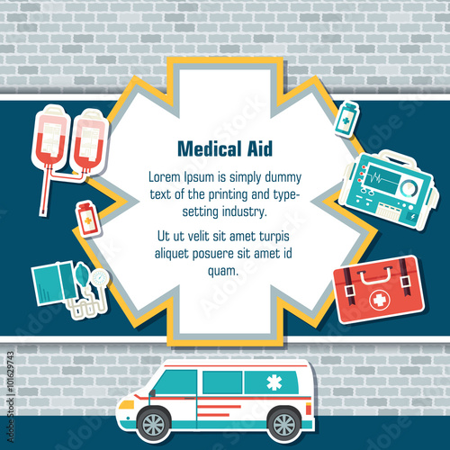 Ambulance rescue elements on brick wall background poster in sticker style design. Vector illustration template card illustration concept 