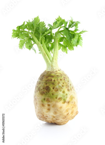 single celery root with leaf