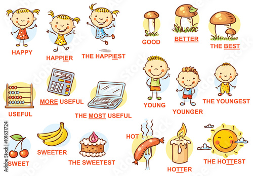 Degrees of comparison of adjectives in pictures, colorful cartoon photo