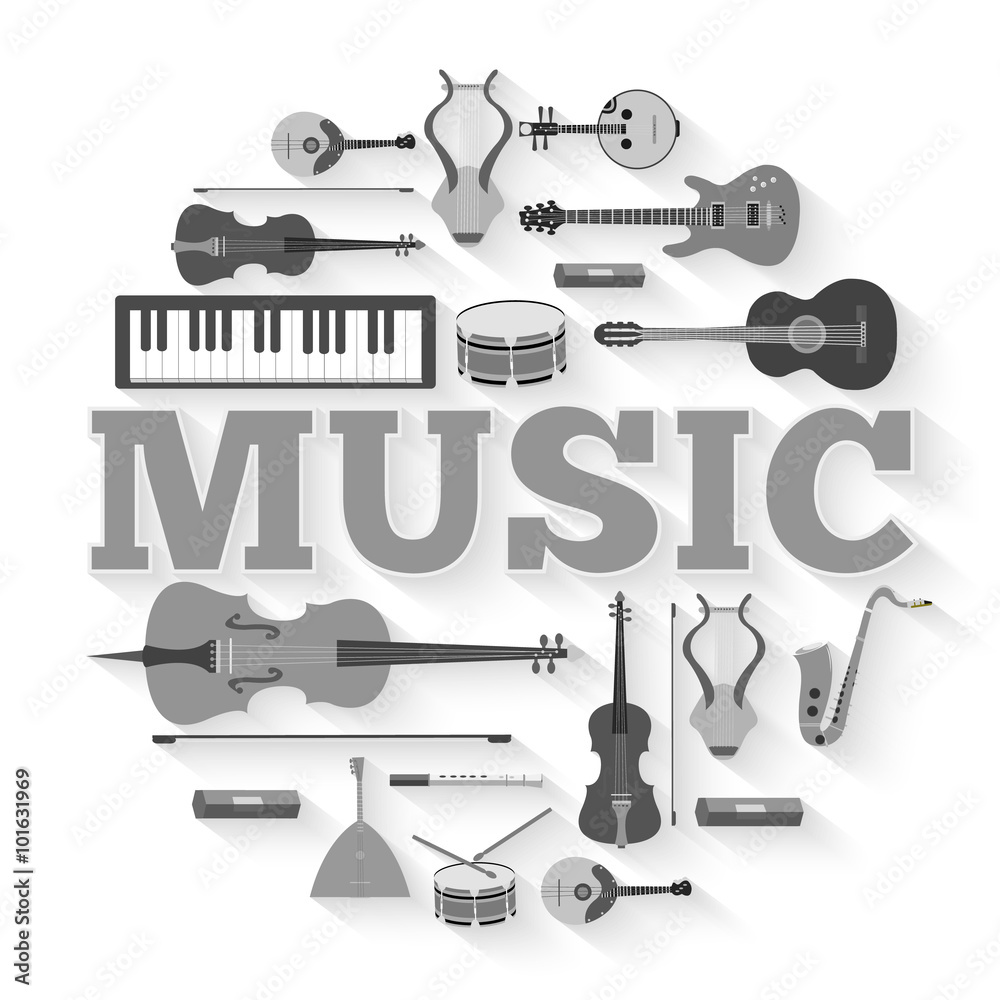 Music instruments circle infographics template concept. Icons design for your product or design, web and mobile applications. Vector flat with long shadow illustration background Music instruments circle infographics template concept. Icons design for your product or design, web and mobile applications. Vector flat with long shadow illustration background