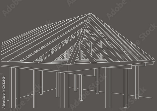 Linear architectural sketch wood frame house on gray background