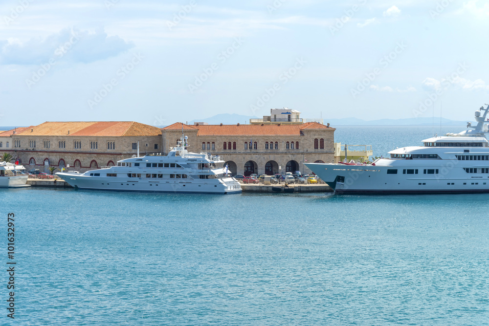 Luxurious yachts on the port of Syros, Greece.