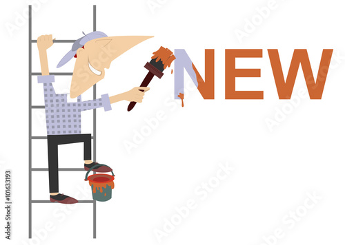 Cartoon painter refreshes inscription. Cartoon worker climbs on the ladder and paints the word new 
