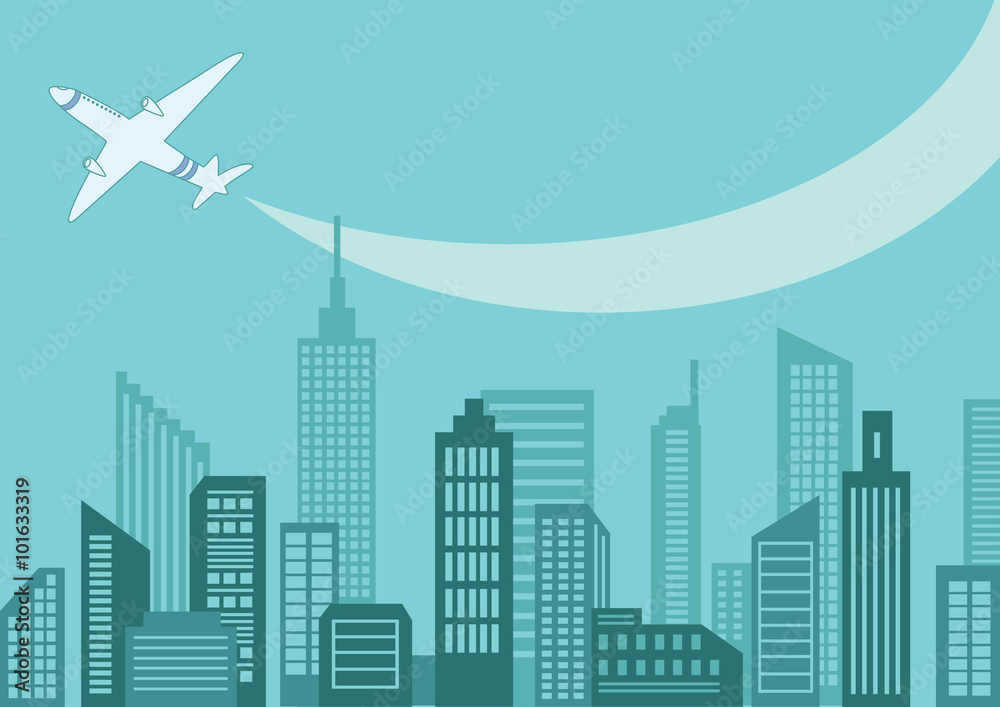 Vector illustration of the passenger plane flying over skyscrapers of the big city