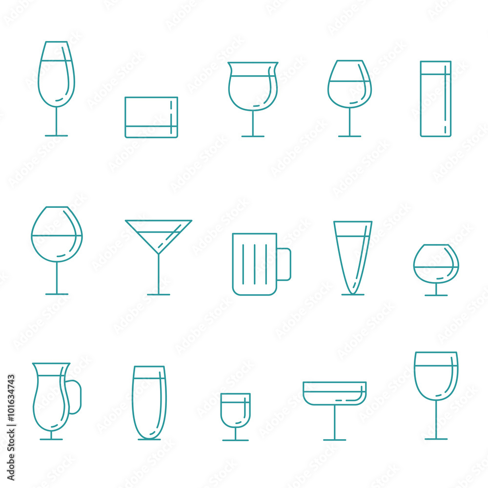 Stemware and glasses outline blue vector icons set. Modern minimalistic design.