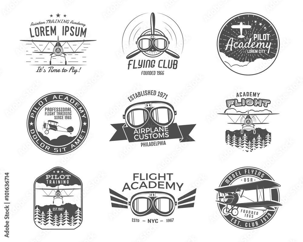 Vintage airplane emblems. Biplane labels. Retro Plane badges, design elements. Aviation stamps collection. Airshow logo and logotype. Fly propeller, goggles, old icon, patches isolated. Vector