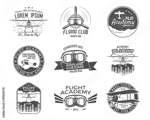 Vintage airplane emblems. Biplane labels. Retro Plane badges, design elements. Aviation stamps collection. Airshow logo and logotype. Fly propeller, goggles, old icon, patches isolated. Vector