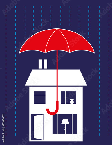 A modern two story house protected from heavy rain by a large red umbrella as a concept for insurance and weather protection