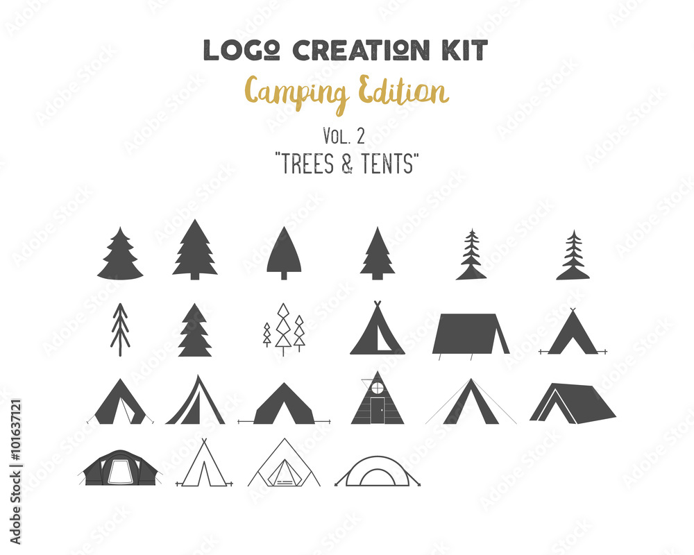 Logo creation kit bundle. Camping Edition set. Trees vector shapes and tents elements. Create your own outdoor label, wilderness retro patch, adventure vintage badges, hiking stamps, travel emblems