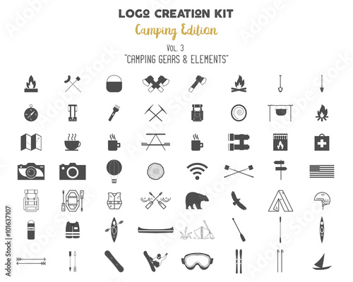 Logo creation kit bundle. Camping Edition set. Travel gear, vector camp symbols and elements. Create your own outdoor label, wilderness retro patch, adventure vintage badges, hiking stamps.